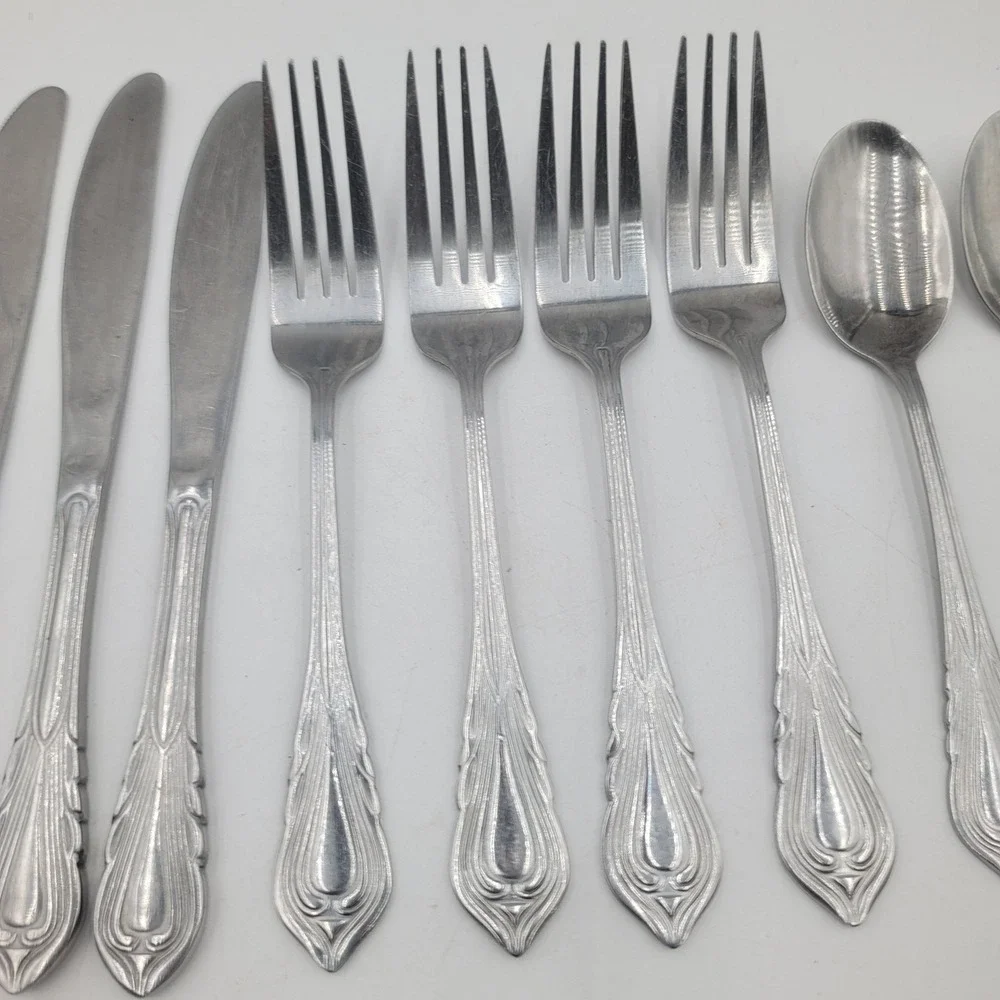 11pc Stainless Steel Art Deco Flatware Set China 012 Scroll Teardrop Pattern